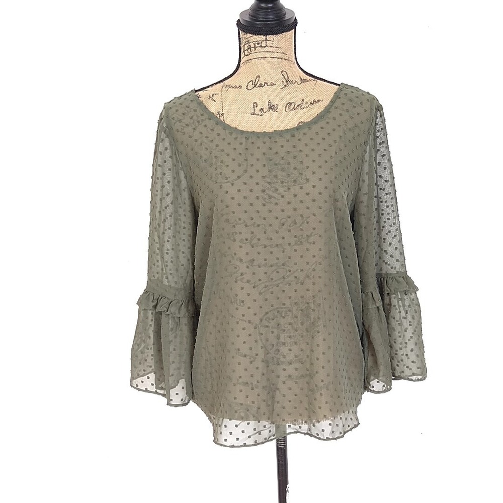 Krazy Kat Womens sz L Too Green Swiss Dot Lace Up Back Ruffle Bell Sleeve Sheer